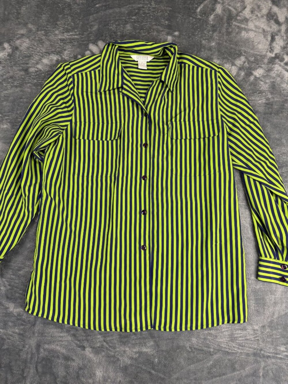 Selecca Womens Striped Button-Up Shirt Green & Navy Long Sleeve Size 10